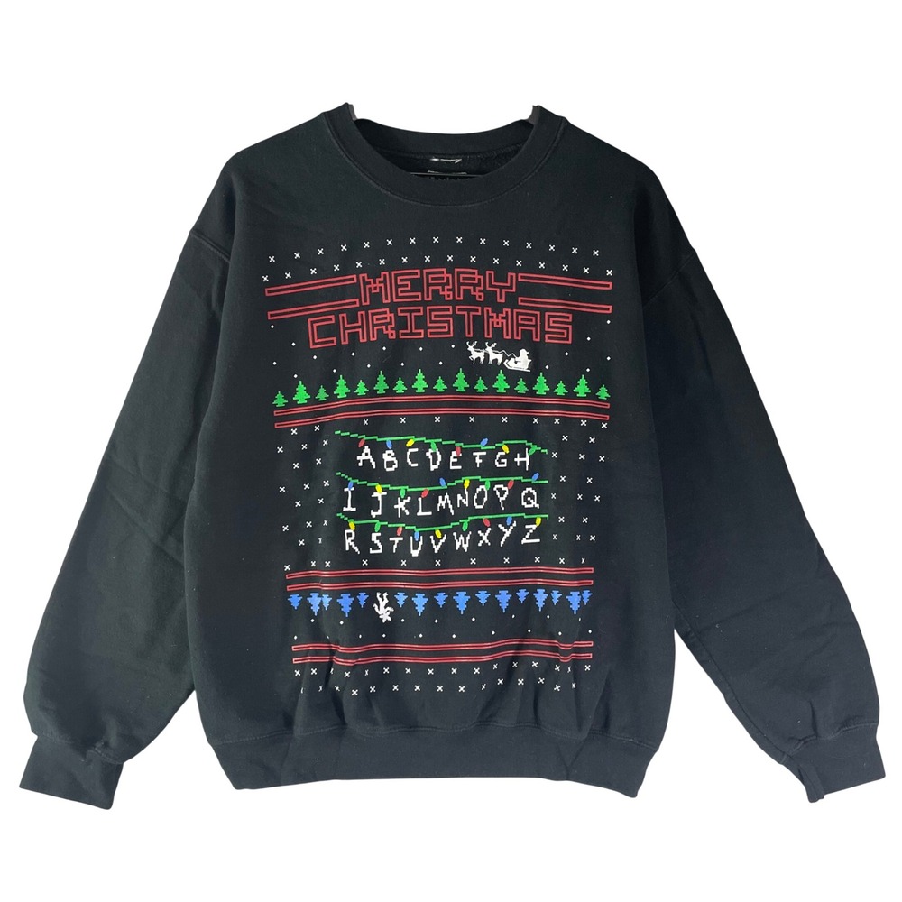 Stranger Things Spencer's Merry Christmas Alphabet Black Crewneck Sweatshirt M